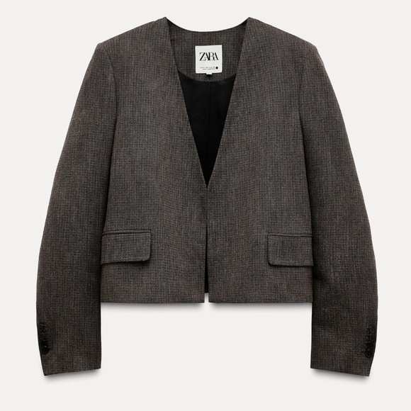 Zara brown marl V-neck viscose and cotton cropped blazer coat NWT - Picture 2 of 14